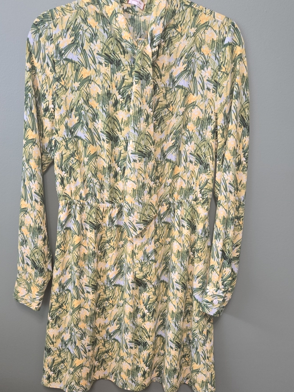Floral Long-Sleeve Shirt Dress in Yellow & Green Sz M